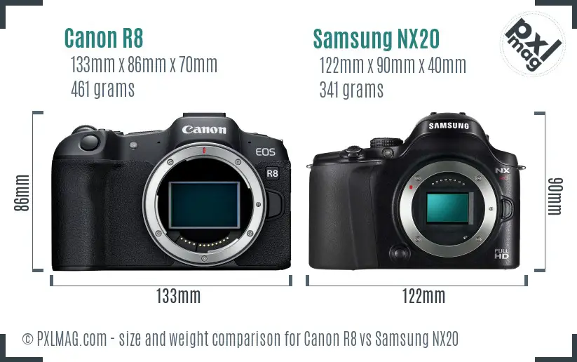 Canon R8 vs Samsung NX20 size comparison