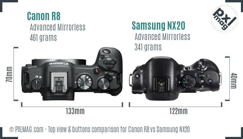 Canon R8 vs Samsung NX20 top view buttons comparison