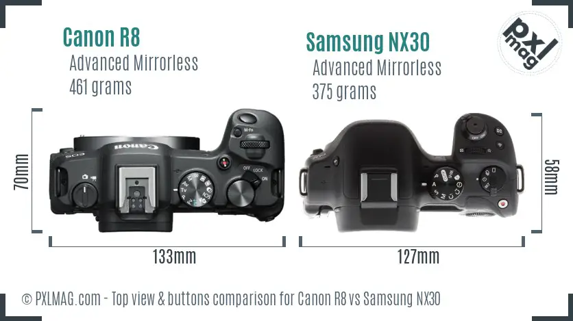 Canon R8 vs Samsung NX30 top view buttons comparison