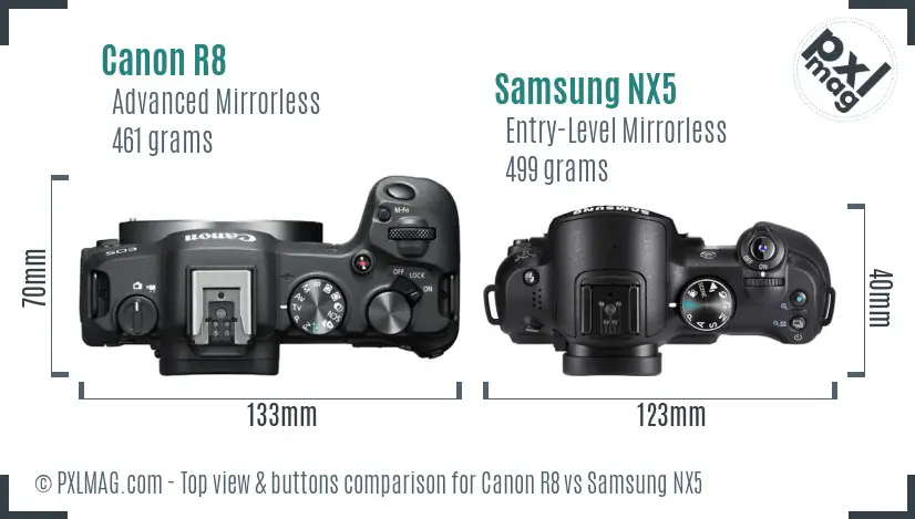 Canon R8 vs Samsung NX5 top view buttons comparison