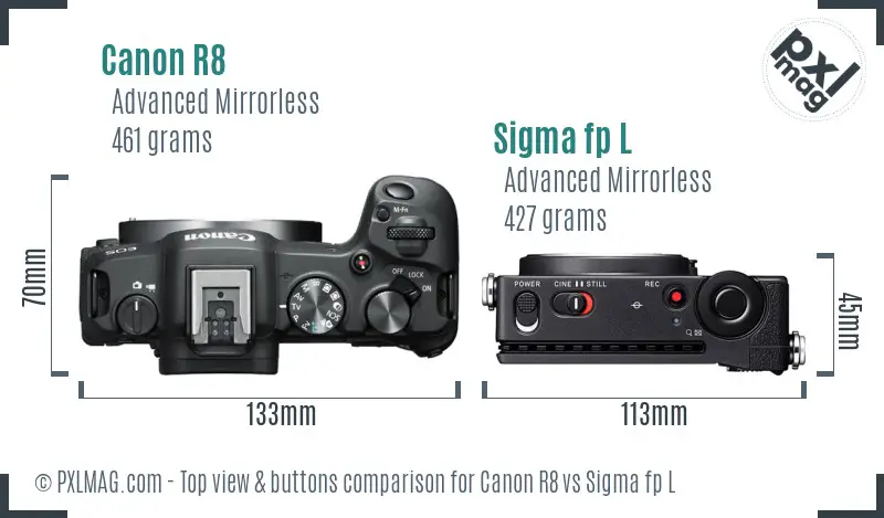 Canon R8 vs Sigma fp L top view buttons comparison