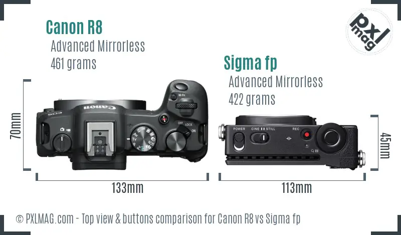 Canon R8 vs Sigma fp top view buttons comparison