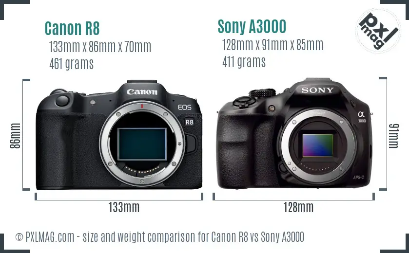 Canon R8 vs Sony A3000 size comparison