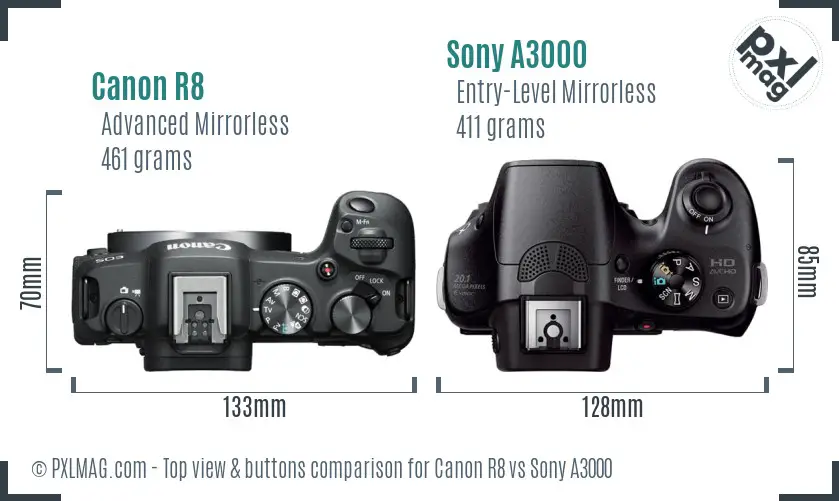 Canon R8 vs Sony A3000 top view buttons comparison