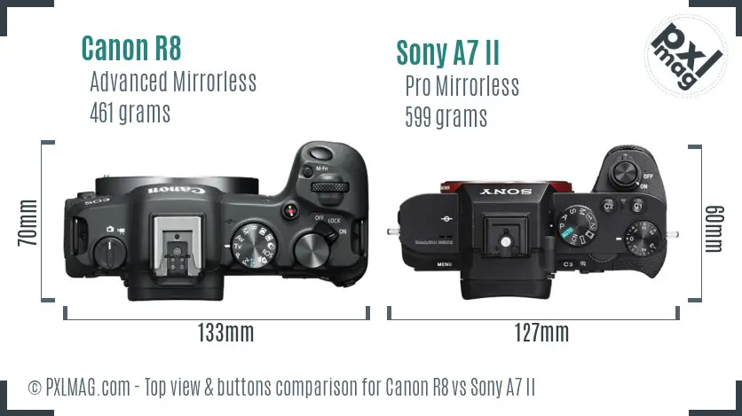 Canon R8 vs Sony A7 II top view buttons comparison