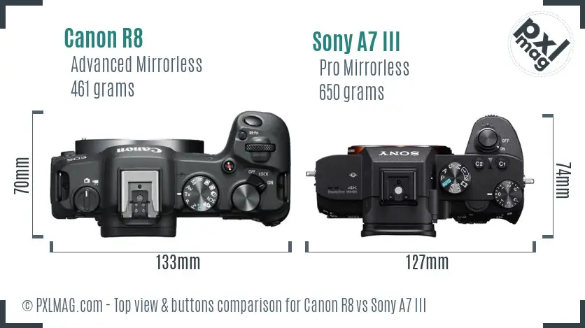 Canon R8 vs Sony A7 III top view buttons comparison