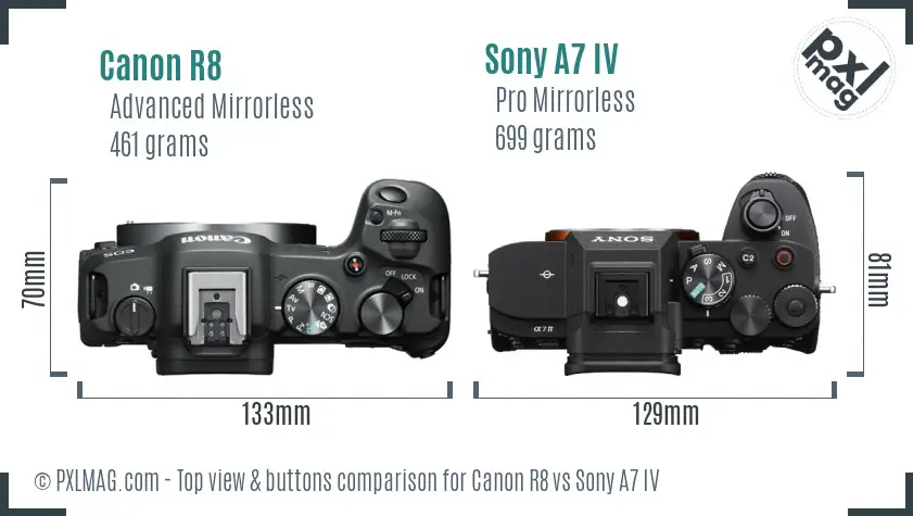 Canon R8 vs Sony A7 IV top view buttons comparison