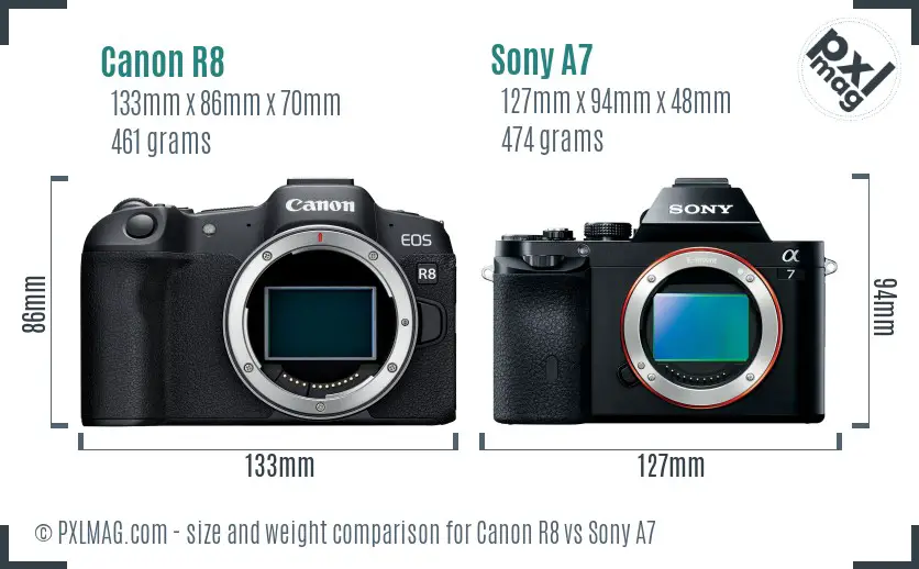 Canon R8 vs Sony A7 size comparison