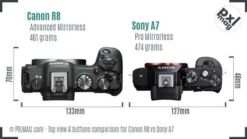 Canon R8 vs Sony A7 top view buttons comparison