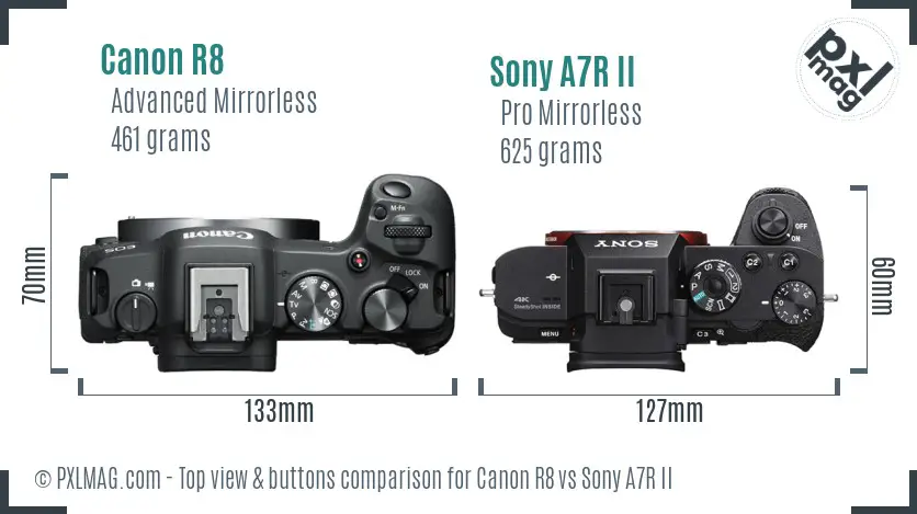 Canon R8 vs Sony A7R II top view buttons comparison