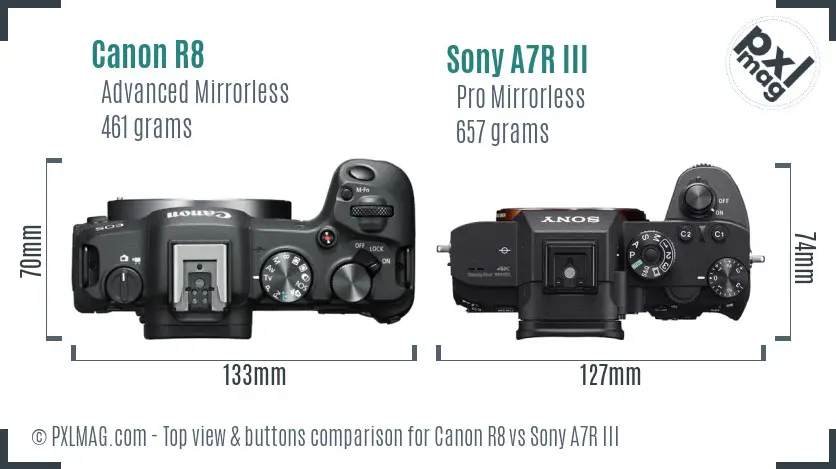 Canon R8 vs Sony A7R III top view buttons comparison Canon R8 vs Sony A7R III top view buttons comparison