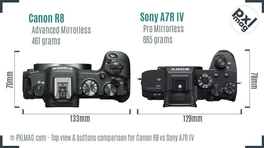 Canon R8 vs Sony A7R IV top view buttons comparison