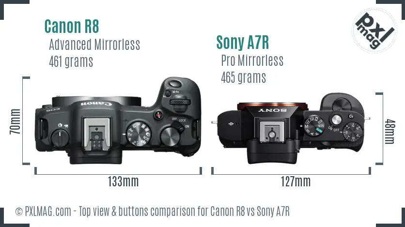 Canon R8 vs Sony A7R top view buttons comparison