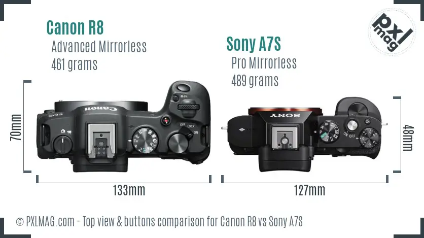 Canon R8 vs Sony A7S top view buttons comparison