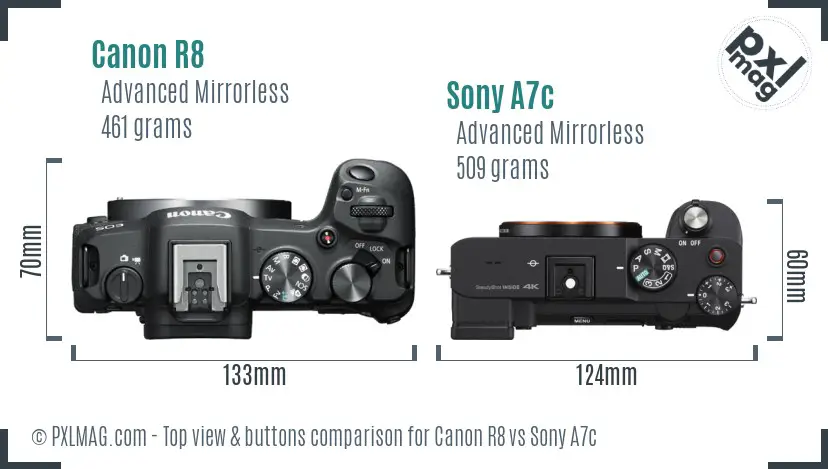Canon R8 vs Sony A7c top view buttons comparison