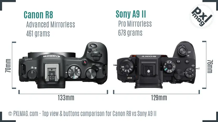 Canon R8 vs Sony A9 II top view buttons comparison Canon R8 vs Sony A9 II top view buttons comparison