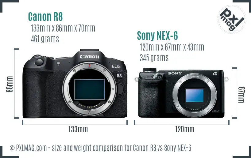 Canon R8 vs Sony NEX-6 size comparison