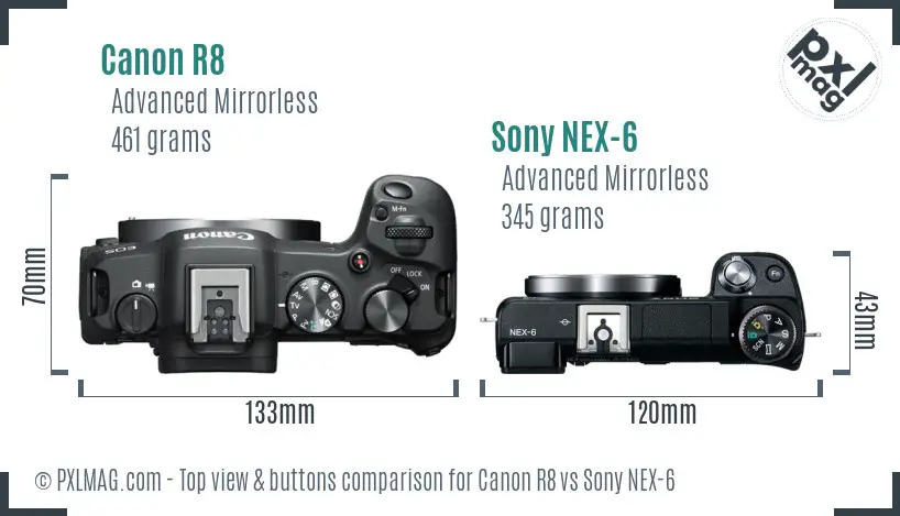 Canon R8 vs Sony NEX-6 top view buttons comparison