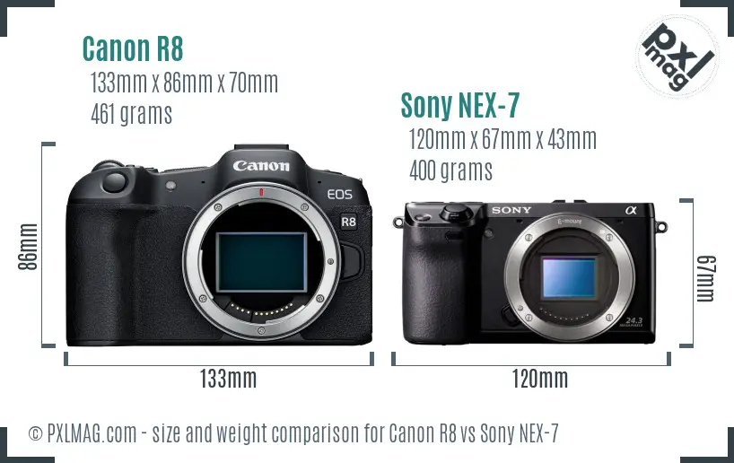 Canon R8 vs Sony NEX-7 size comparison