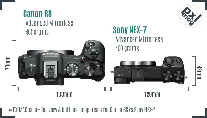 Canon R8 vs Sony NEX-7 top view buttons comparison