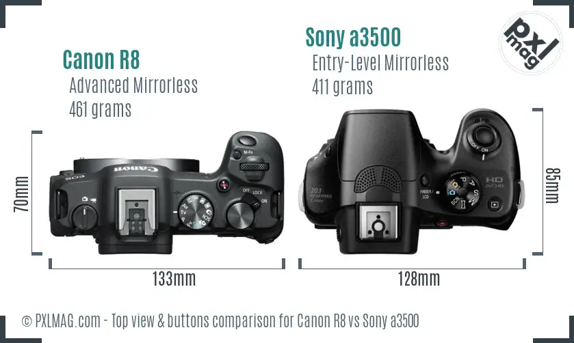 Canon R8 vs Sony a3500 top view buttons comparison