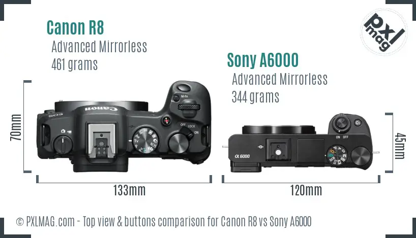 Canon R8 vs Sony A6000 top view buttons comparison