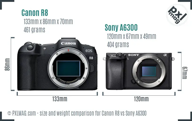 Canon R8 vs Sony A6300 size comparison