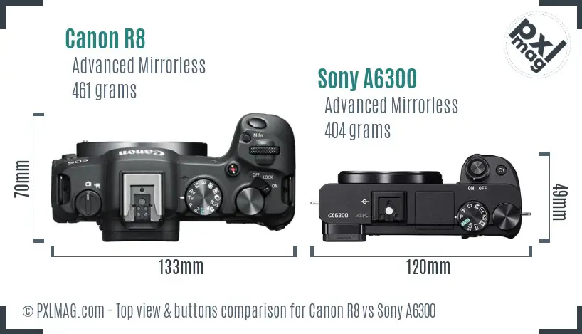 Canon R8 vs Sony A6300 top view buttons comparison