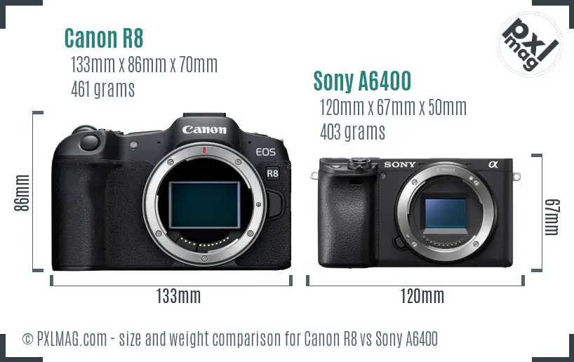 Canon R8 vs Sony A6400 size comparison
