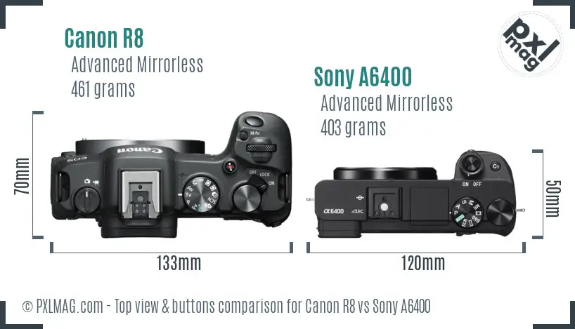 Canon R8 vs Sony A6400 top view buttons comparison