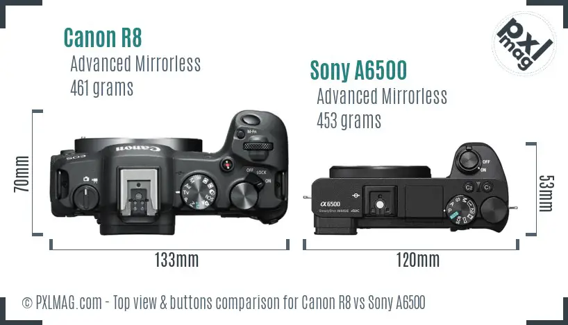 Canon R8 vs Sony A6500 top view buttons comparison