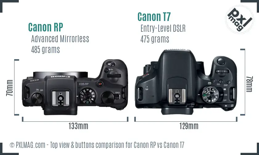 Canon RP vs Canon T7 top view buttons comparison Canon RP vs Canon T7 top view buttons comparison