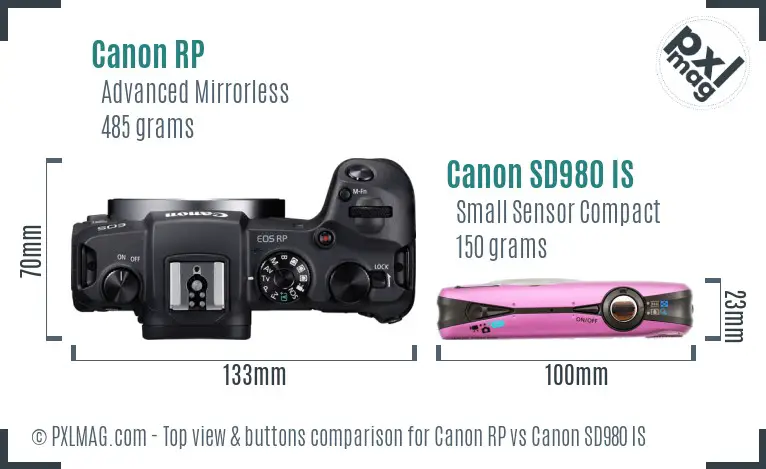 Canon RP vs Canon SD980 IS top view buttons comparison
