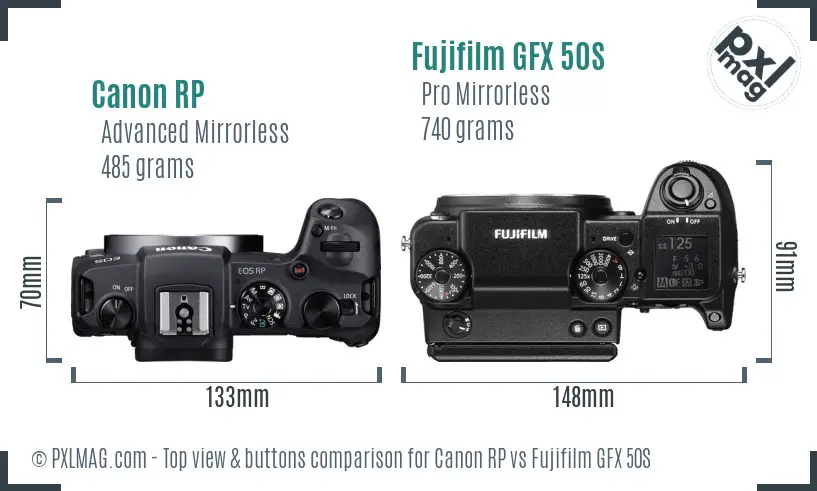 Canon RP vs Fujifilm GFX 50S top view buttons comparison