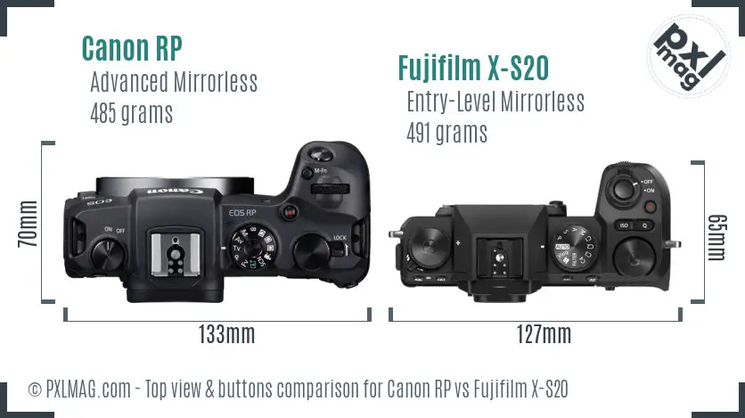 Canon RP vs Fujifilm X-S20 top view buttons comparison