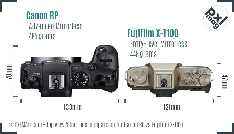Canon RP vs Fujifilm X-T100 top view buttons comparison