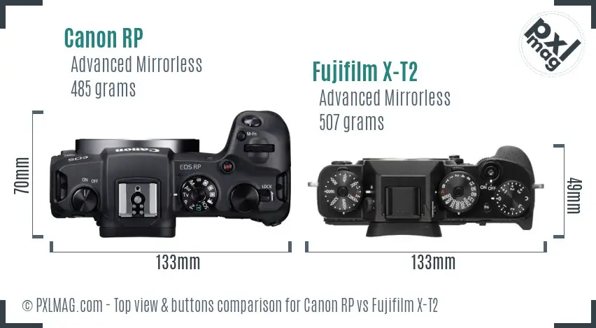 Canon RP vs Fujifilm X-T2 top view buttons comparison