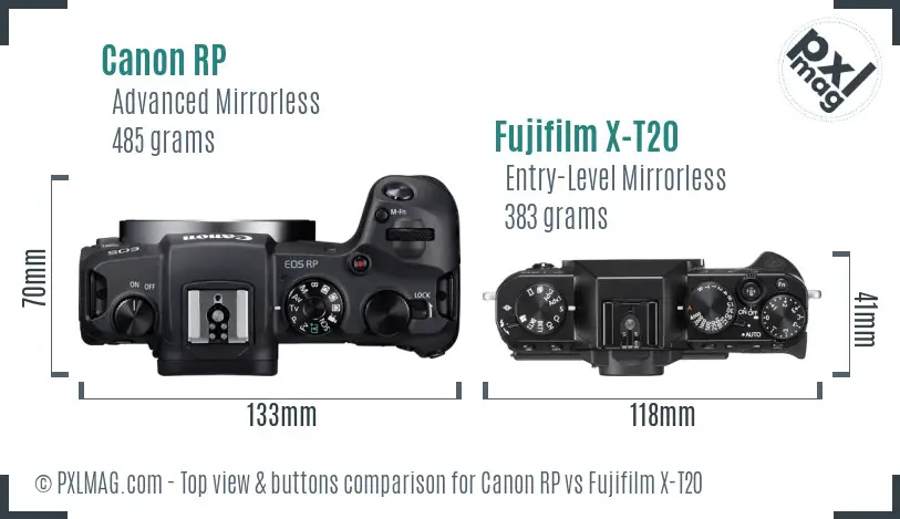 Canon RP vs Fujifilm X-T20 top view buttons comparison