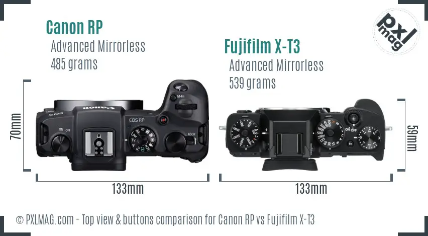 Canon RP vs Fujifilm X-T3 top view buttons comparison