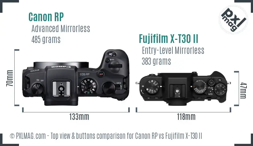 Canon RP vs Fujifilm X-T30 II top view buttons comparison