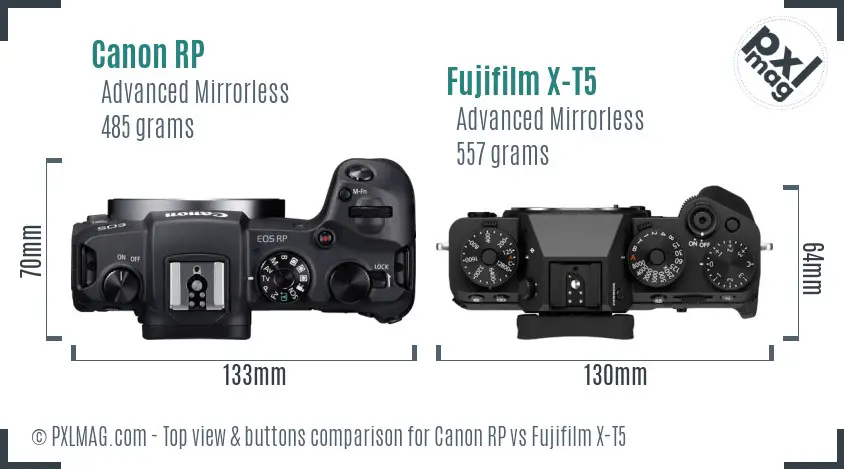 Canon RP vs Fujifilm X-T5 top view buttons comparison