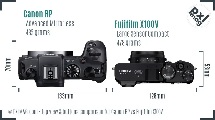 Canon RP vs Fujifilm X100V top view buttons comparison