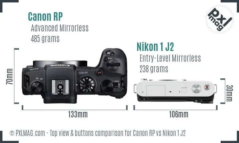 Canon RP vs Nikon 1 J2 top view buttons comparison