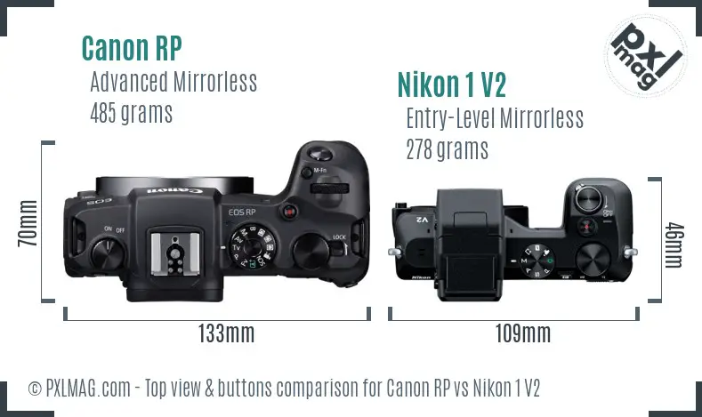 Canon RP vs Nikon 1 V2 top view buttons comparison