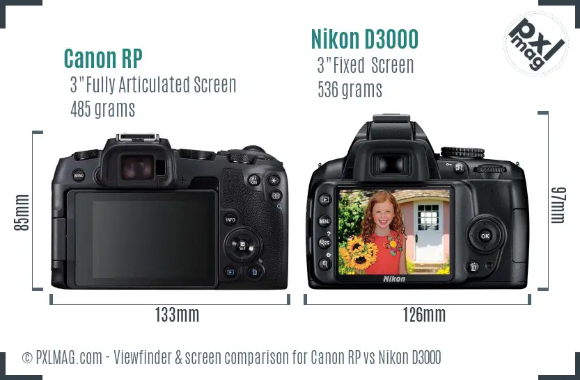 Canon RP vs Nikon D3000 Screen and Viewfinder comparison