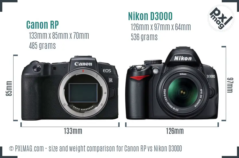 Canon RP vs Nikon D3000 size comparison
