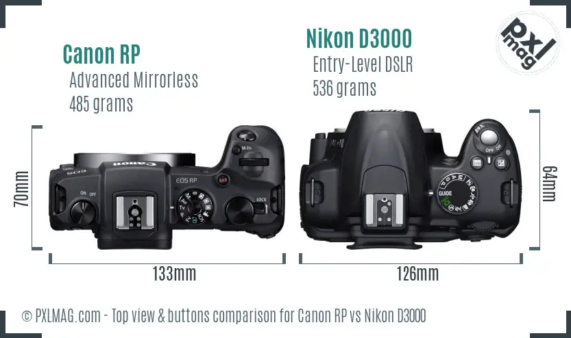 Canon RP vs Nikon D3000 top view buttons comparison