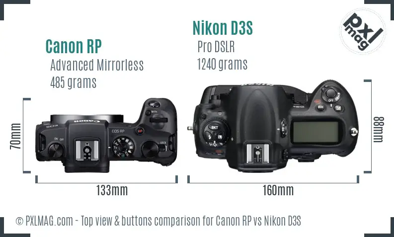 Canon RP vs Nikon D3S top view buttons comparison Canon RP vs Nikon D3S top view buttons comparison