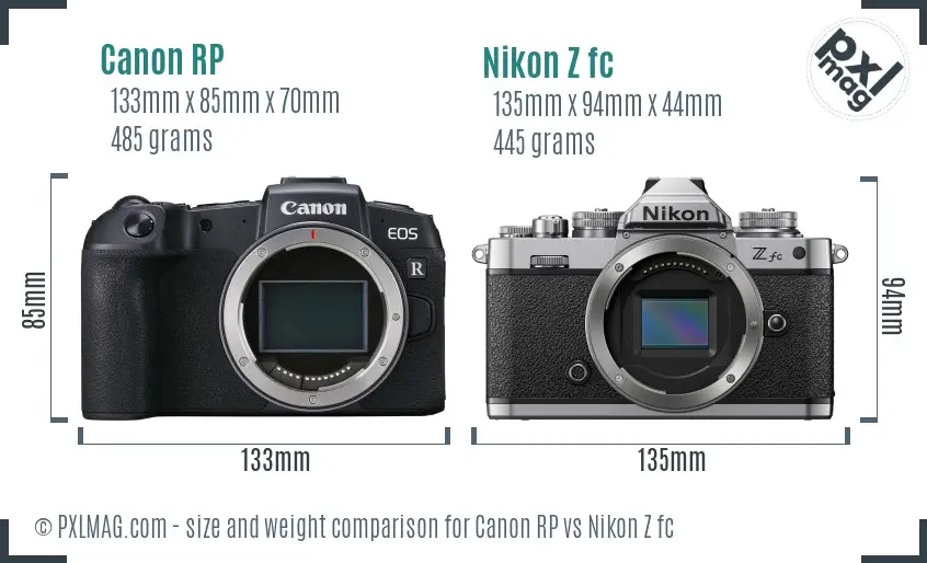 Canon RP vs Nikon Z fc size comparison