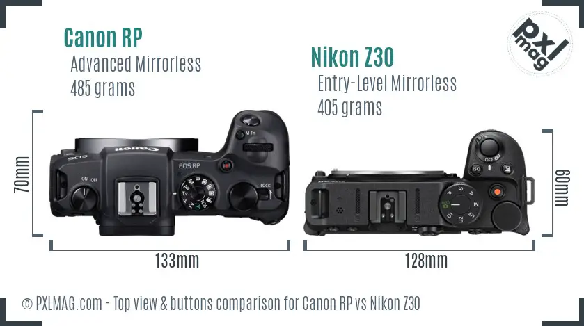 Canon RP vs Nikon Z30 top view buttons comparison